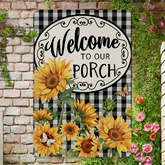 Metal Tin Signs, Home Decorative Welcome to Our Porch Spring Summer Sunflower Metal Sign, Black White Buffalo Plaid Check Yard Outside Decoration, Fall Autumn Farmhouse Outdoor Small Decor 12 x 8