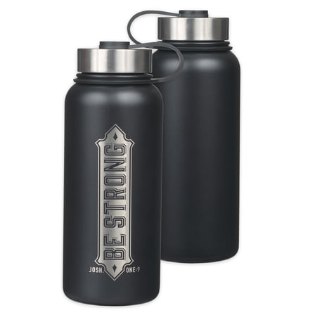 Christian Art Gifts Large Stainless Steel Double Wall Vacuum Sealed Insulated Scripture Water Bottle for Men & Women: Be Strong - Engraved Inspirational Bible Verse Hot/Cold, Black/Silver, 32 oz.