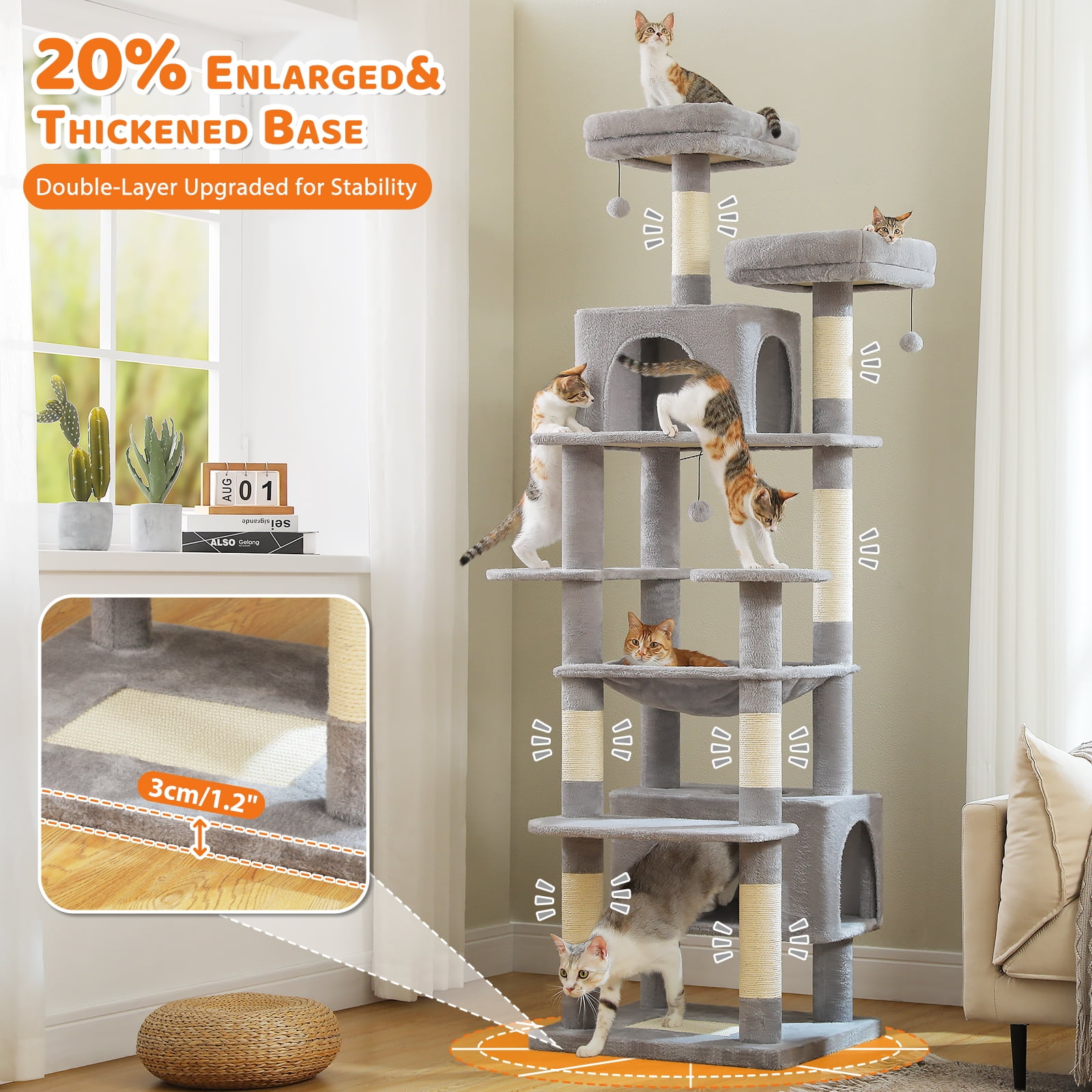 Pefilos 81" Tall Cat Tree for Large Cats, Heavy Duty Cat Tower with 2 Perches, 2 Condos and Spacious Hammock, Large Condo with 7 Scratching Posts, Gray