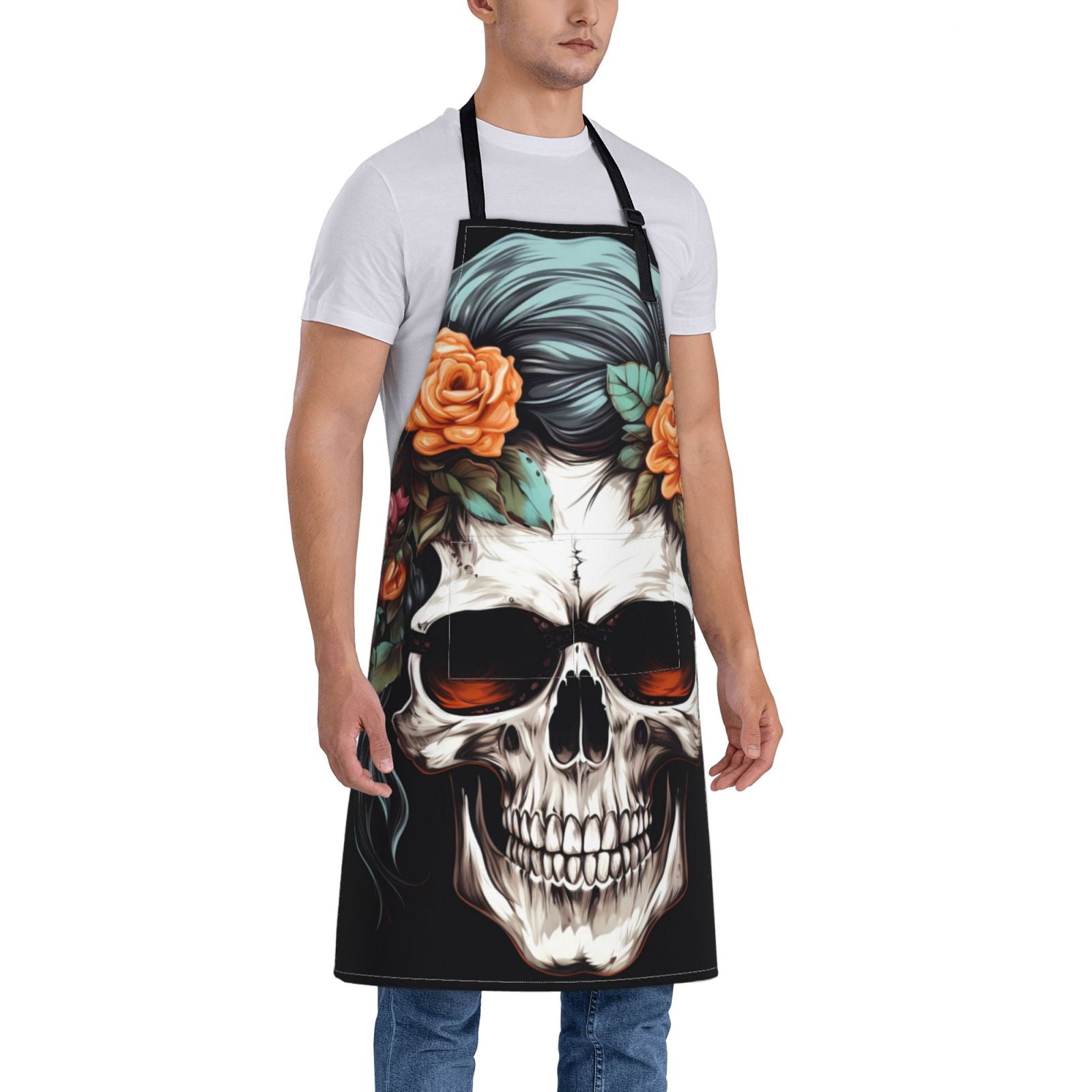 Kdxio Flower Horn Skull Apron with Pockets Adjustable Kitchen Aprons for Men Women Waterproof Aprons for Cooking,Drawing,Crafting, Baking Household Cleaning