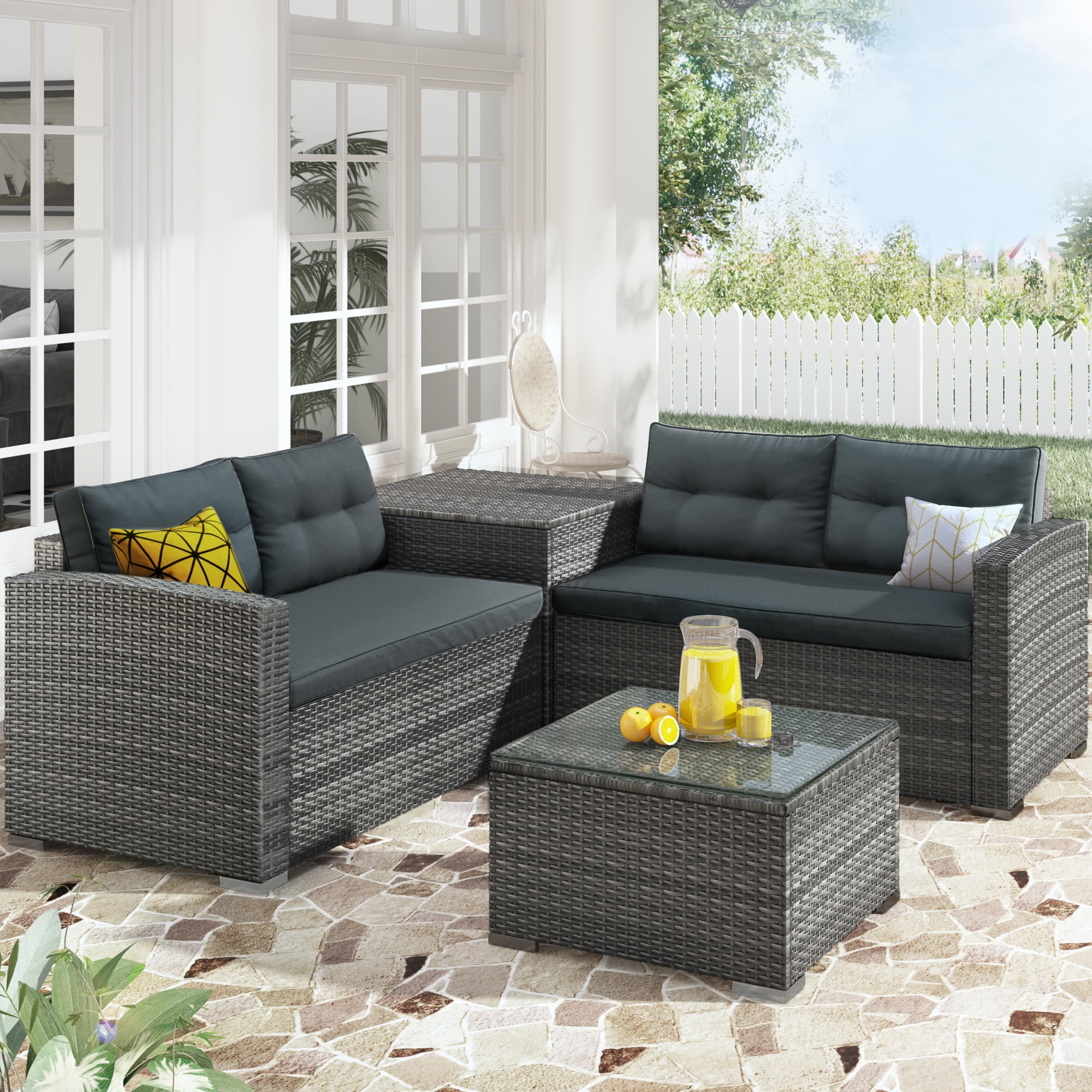 4PC Rattan Sofa Table Set Patio Outdoor Wicker Couch Furniture Kit w/ Cushion 