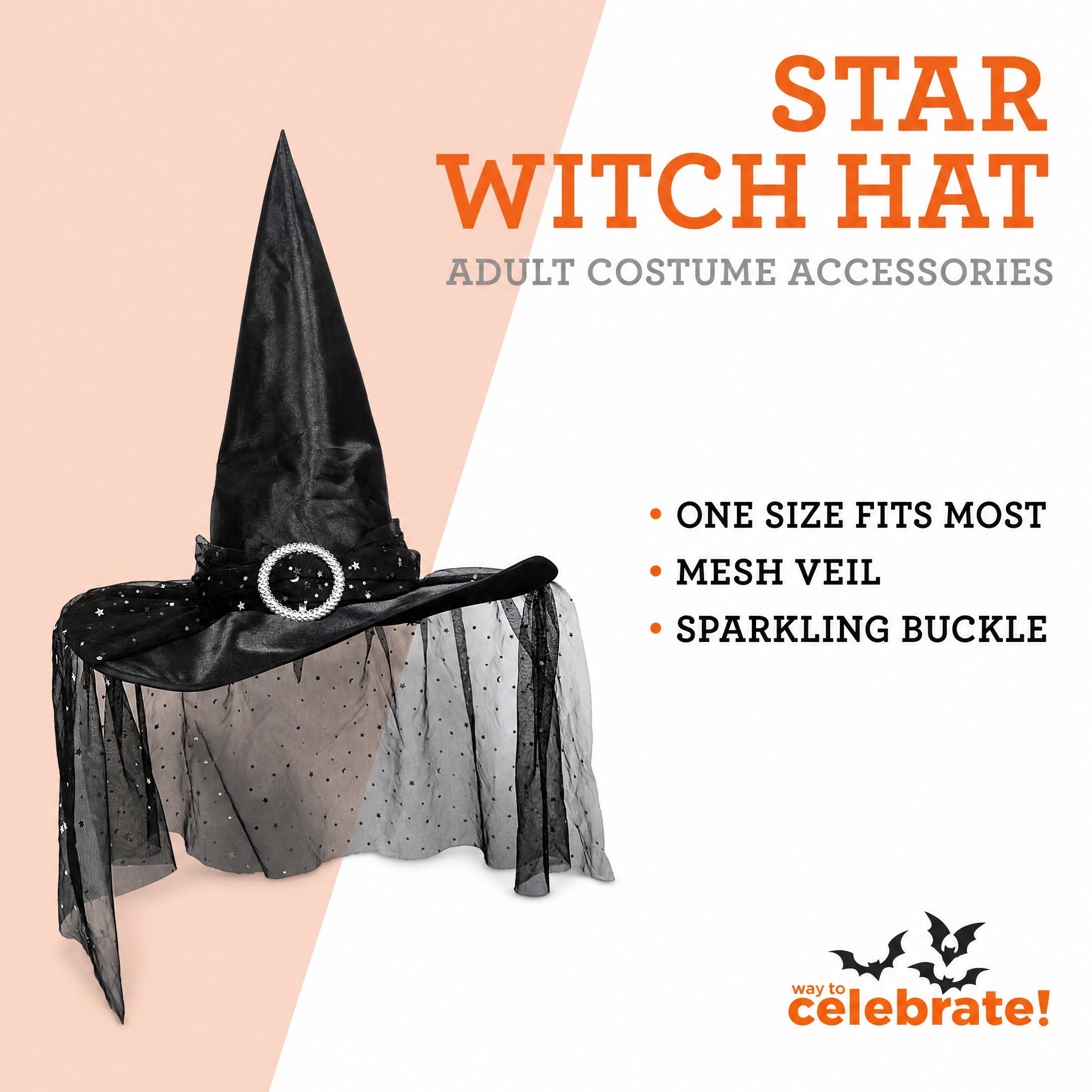 Star Witch Hat Costume Accessory for Adults, Black and Silver, Halloween by Way To Celebrate