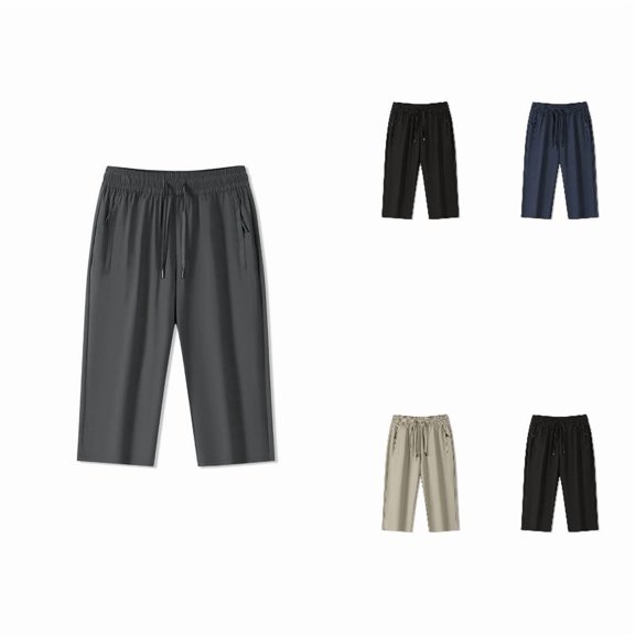 SNKSDGM Women Solid Ice Silk Capri Pants, Drawstring Elastic Waist Zip Pocket Summer Casual Cropped Trousers Grey XXXL