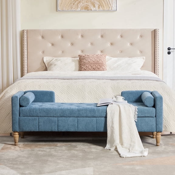 64.6" Wide Flip-Top Storage Bench with Backrest & Arms, Wood Leg Accent Seating for Bedroom, Living Room & Entryway