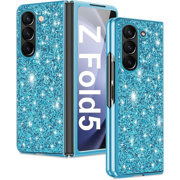 Z Fold 5 Glitter Case for Samsung Galaxy Z Fold5 5G Phone Case for Women Girls, Slim Ultra Thin Matte Back Shockproof Protective Cover for Samsung Z Fold 5 5G, 7.6" Crystal Bling Case (Blue)