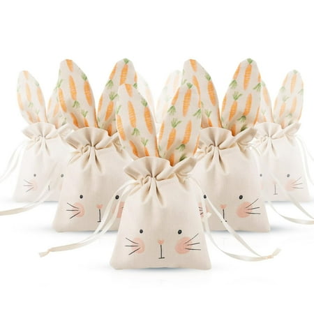 SENIURIS Easter Bunny Gift Bag, Linen Sweet Candy Drawstring Bags Tea Party Favors Decorations Supplies. (6 Packs)