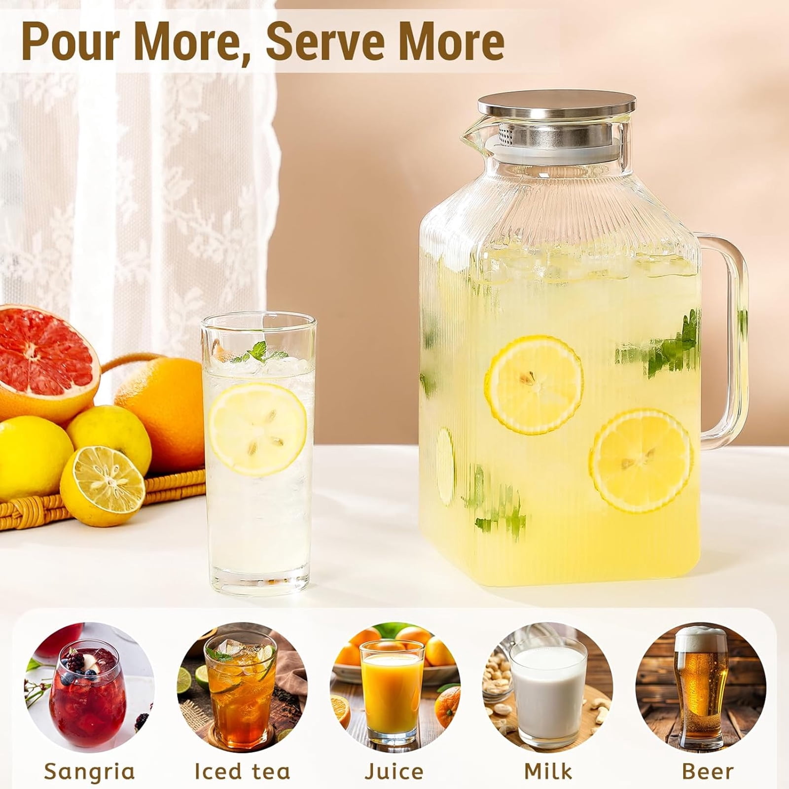 HQinX 1 Gallon Square Glass Pitcher with Lid, Thickened Borosilicate Glass Carafe for Fridge, Large Jug with Handle for Hot/Cold Brew Drink