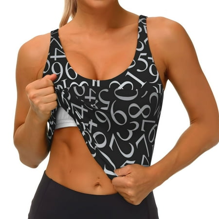 Qokaie Numbers Pattern Womens Scoop Neck Sports Bra Breathable Workout Vest Padded U Back Medium Impact Fitness Gym Yoga Bra Workout Crop Top
