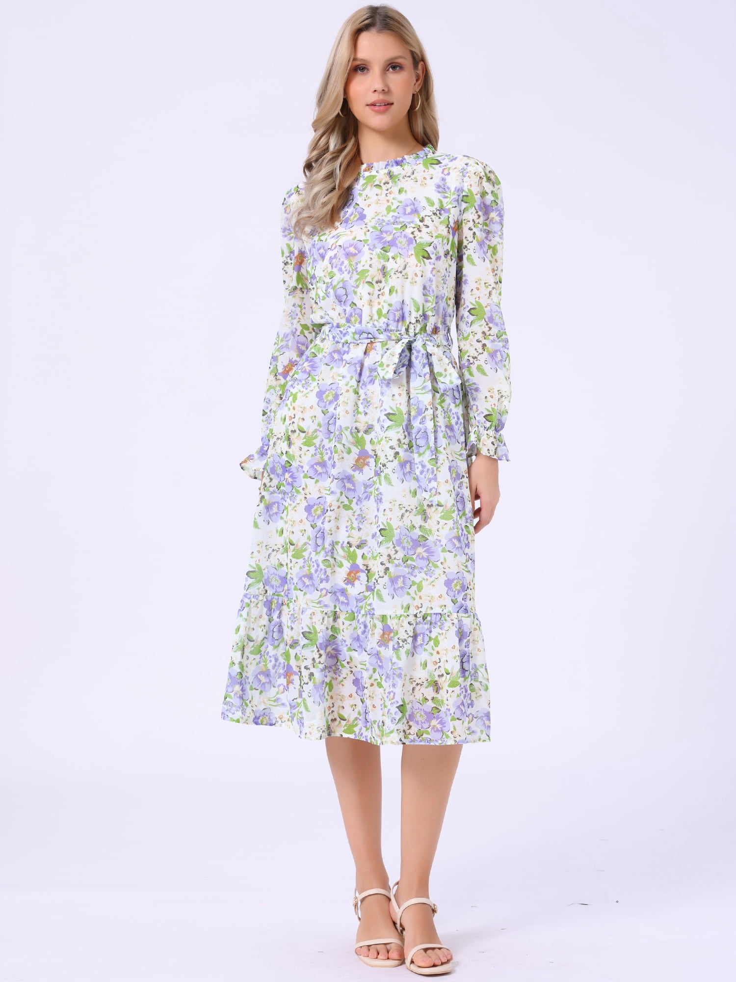 DARING DIVA Fall Floral Long Sleeve Chiffon Midi Dress XS Light Purple
