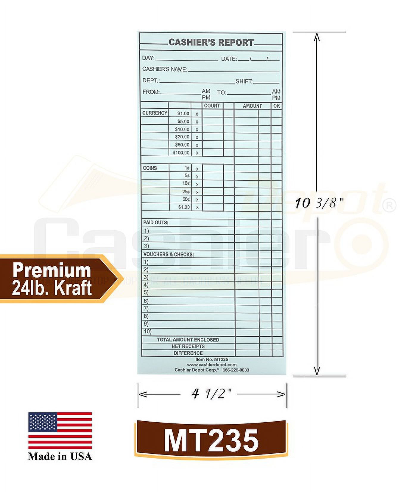 500 Cashier Depot MT235 Cashier's Report Envelope, 4 1/2" x 10 3/8", Premium 24lb White (500 Envelopes)
