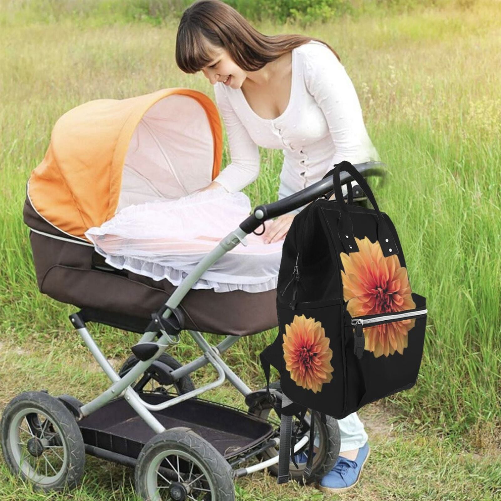 Ratiio Orange Dalia Mummy Backpack - Waterproof Twill Canvas, Large Capacity Diaper Bag with Multiple Pockets and Adjustable Straps
