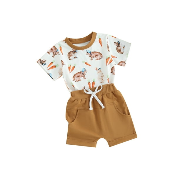 Boiiwant Toddler Baby Boy Easter Outfit Bunny Carrot Print Short Sleeve