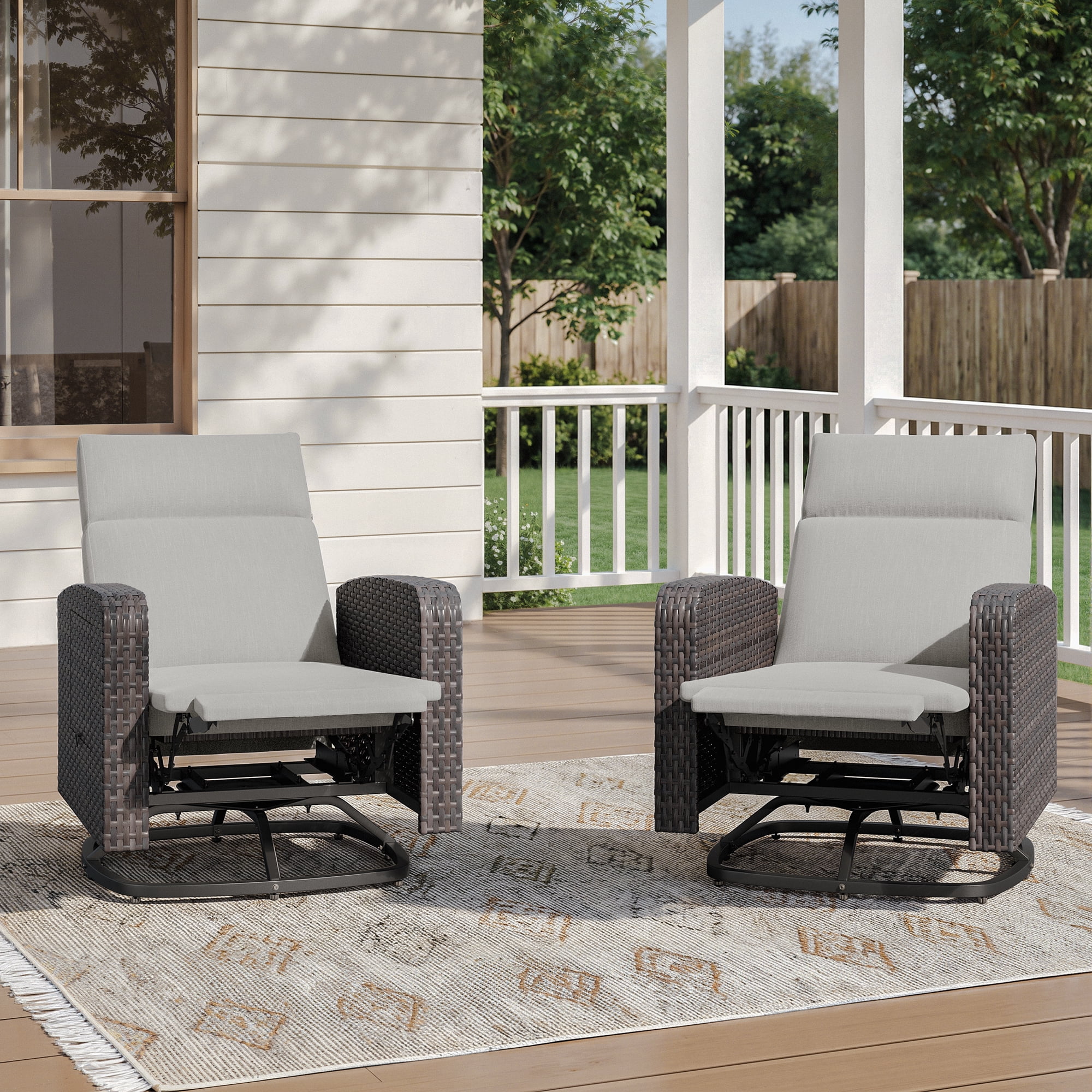 ALAULM Outdoor Swivel Recliner Chair, Dual‑Adjust Wicker Patio Chair with Adjustable Backrest, Footrest & Flip‑Up Table for Pool, Balcony, Patio, Courtyard,Set of 2,Brown PE Wicker