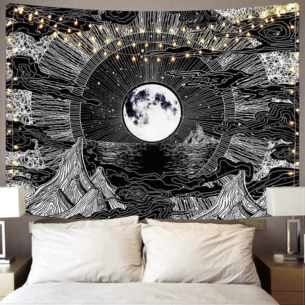 (148 x 200 cm) Wall tapestry, psychedelic, with moon, star and cloud pattern, black and white, for bedroom