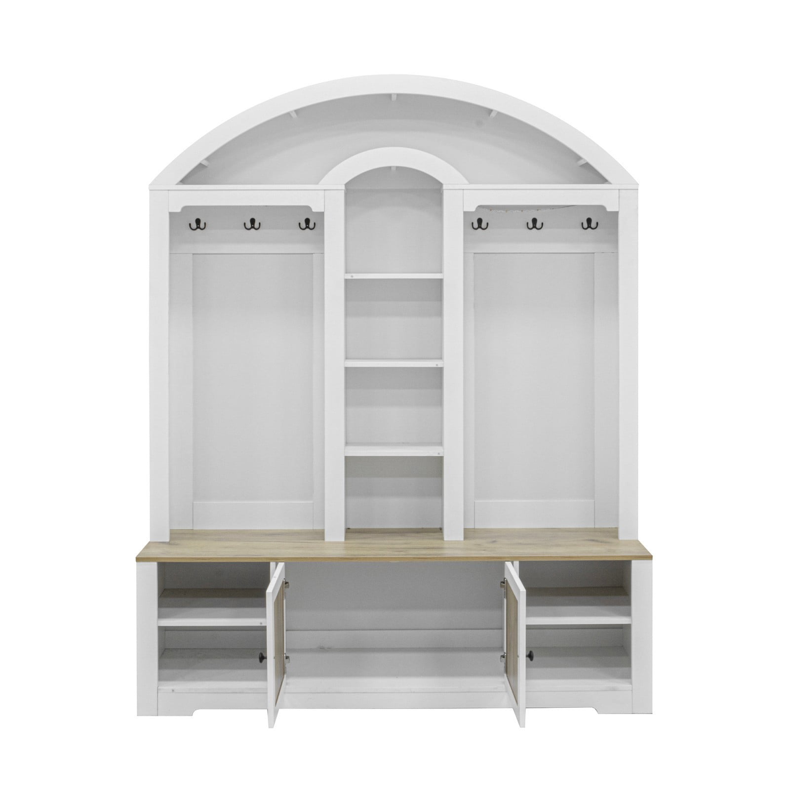 Hall Tree with Storage Bench, Entryway Wardrobe with Shoe Cabinet, Coat Hooks, Open Shelves, Modern Mudroom Organizer with Wood Door, White