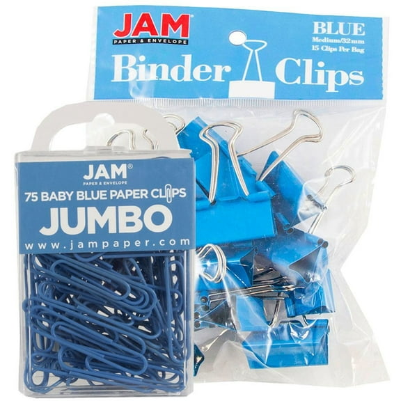 JAM Paper Office Desk Supply Set, Blue, 1 Jumbo Paper Clips & 1 Medium Binder Clips, 2 Pack