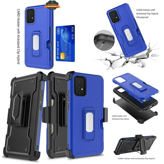 for Samsung Galaxy A72 5G Armor Belt Clip with Credit Card Holder, Holster, Kickstand Protective Full Body Heavy Duty Hybrid Cover ,Xpm Phone Case [Blue]