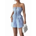 thumbnail image 3 of Women'S Elegant Tie Front Crop Top and Shorts Two Piece Summer Set Casual Chic Outfit Light Blue L, 3 of 9
