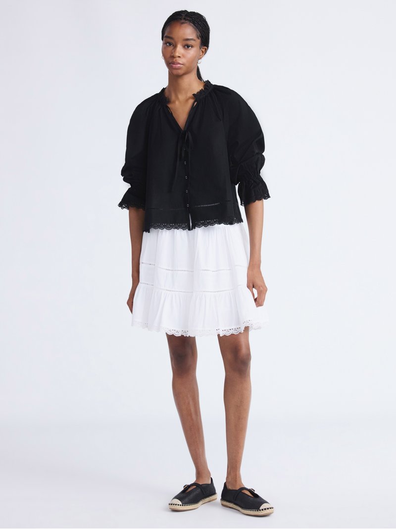 Free Assembly Women's Cotton Eyelet Ruffle Neck Blouse with Long