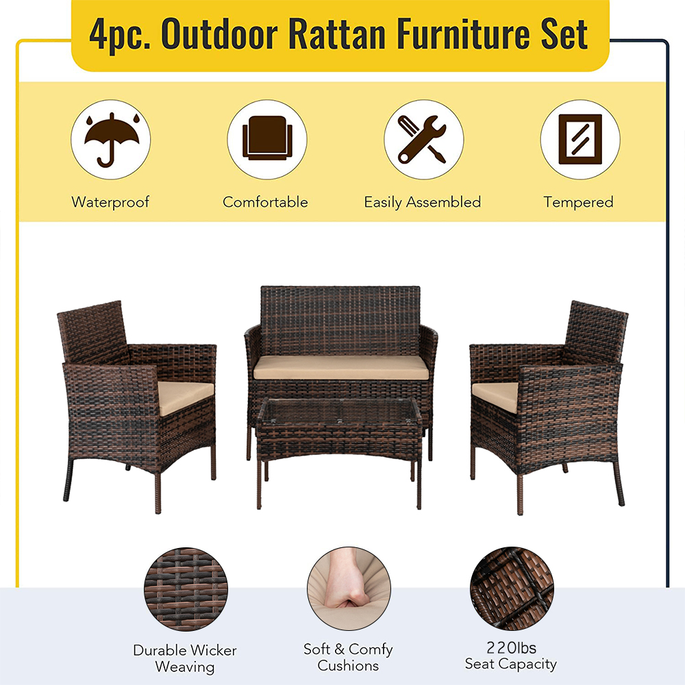 4 Pieces Outdoor Patio Furniture with Cushions, Brown PE Rattan Wicker Table and Chairs Set for Backyard Porch Garden Poolside Balcony, W9486 - image 5 of 11