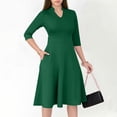 thumbnail image 2 of Women's V Neck Three Quarter Sleeve Church Work Dress with Pockets, Modest Office Dress, Professional Wear, Comfortable Fabric, Knee Length,Green 2XL, 2 of 8