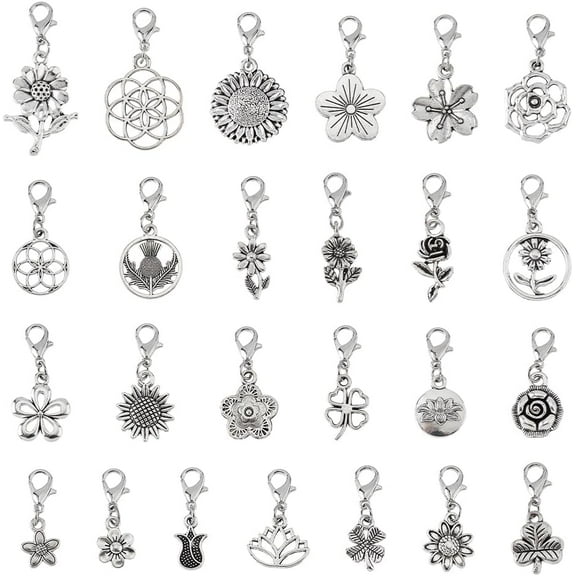 50Pcs Clip on Charm Pendants 25 Styles Silver Flower Charms with Lobster Clasps Floral Alloy Zipper Pendant for Bag Purse Keychain Jewelry Making DIY Crafts