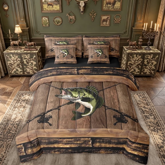 meiyoeat Wooden Fishing Bass Twin Bedding for Men Boys, Brown Vintage Lodge Cabin Bedding Comforter Set, Black Reversible, 7-Piece
