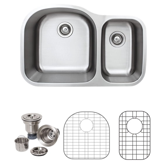Wells Sinkware Craftsmen Series 32-inch 16-gauge Undermount 70-30 Double Bowl Stainless Steel Kitchen Sink Package
