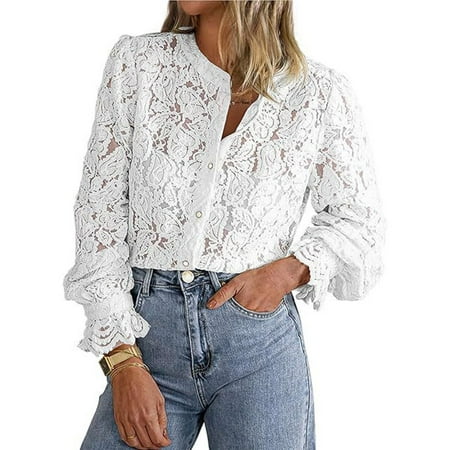 SNKSDGM Women s Plus Casual Easter Shirts for Women Shirts for Women Long Sleeve Trendy Women s Fashion Casual Lace Long Sleeve Button up Shirt for Autumn Outfit Going Out Tops for Women Long Sleeve