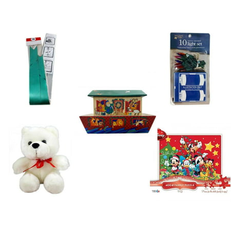 Christmas Fun Gift Bundle [5 Piece] - Myco's Best Pull Bows Set of 10 -  Time Battery Operated 10 Light Set - Noah's Ark Card Storage Display Box Hallmark - Soft & Cuddly White Teddy Bear  6