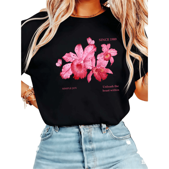 UNISHE Women's Unleash The Beast Within Floral Orchid Graphic Short Sleeve T-Shirt Casual Cotton Crewneck Top Black S-5XL