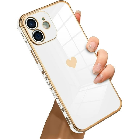 Compatible with iPhone 12 Case Love Heart Plating Four Corner Luxury Elegant Case Camera Protector Soft TPU Shockproof Protective Corner Back Cover iPhone 12 Case -White