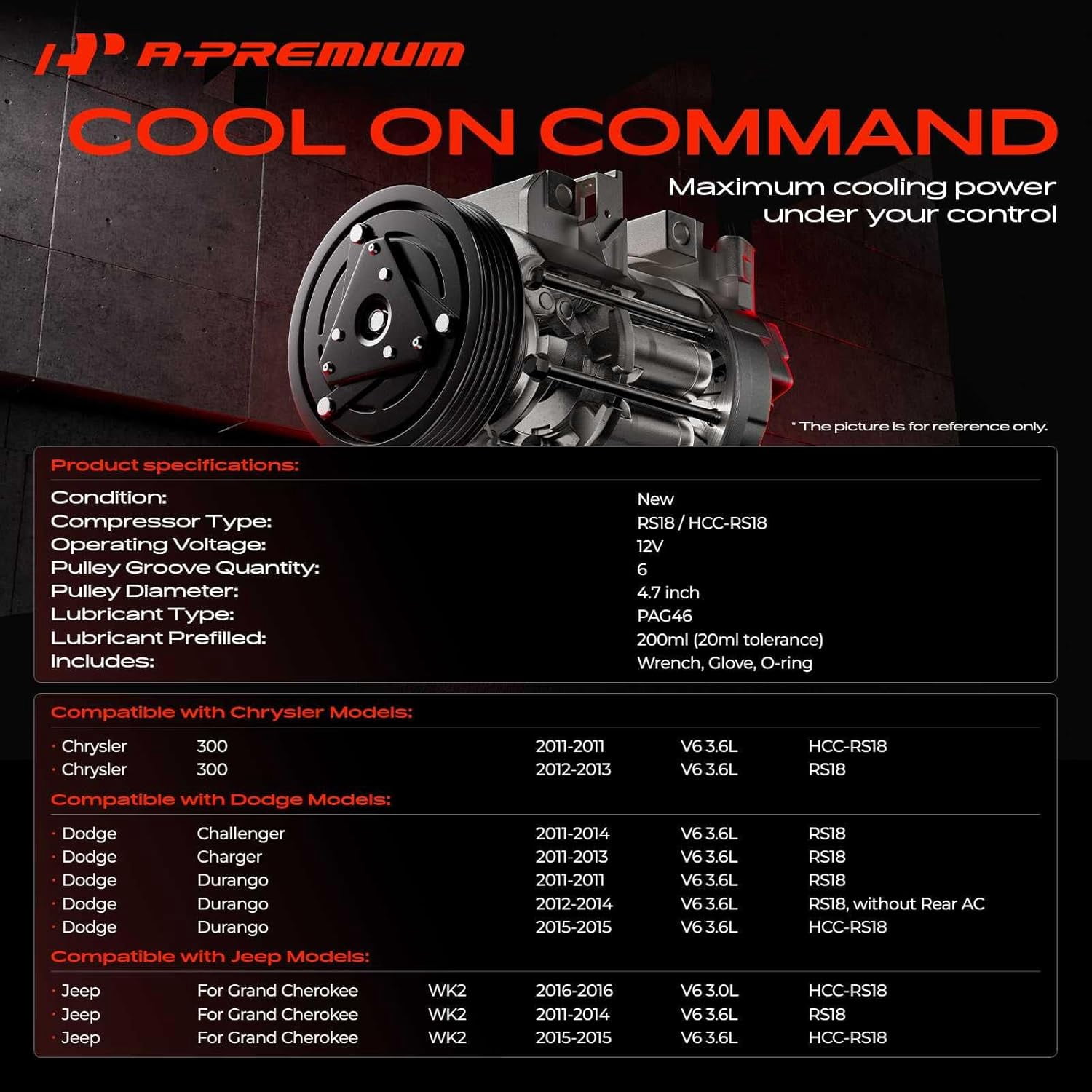 A-Premium AC Compressor with Clutch Compatible with Jeep Grand Cherokee 2011-2016 & Dodge Charger 2011-2013, Durango 2011-2015, Challenger 2011-2014 & Chrysler 300 2011-2013, 3.0L 3.6