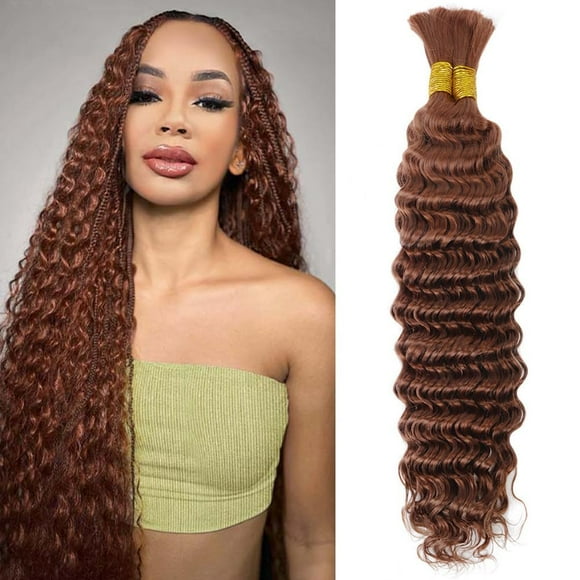 26 Inch 100g Human Braiding Hair 2 Bundles/Pack Deep Wave Bulk Human Braiding Hair for Boho Braids Wet and Wavy Brown Braiding Hair #30 Color No Weft Micro Bra