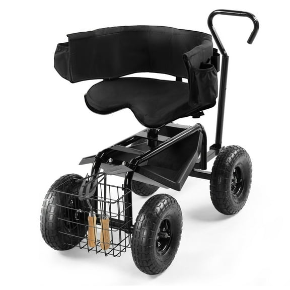 Rolling Garden Cart with Cushioned Backrest and Seat, Outdoor Gardening Stool for Planting, Garden Scooter with 360 Degree Swivel Seat, Steering Handle & Tool Tray, Garden Cart Workseat for Seniors