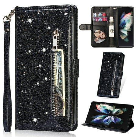 K-Lion for Samsung Galaxy Note 8 Glitter Wallet Case, Bling Sparkly PU Leather Zipper Flip Shockproof Protective Case Card Slots Kickstand Full Phone Cover with Strap for Women Girls,Black