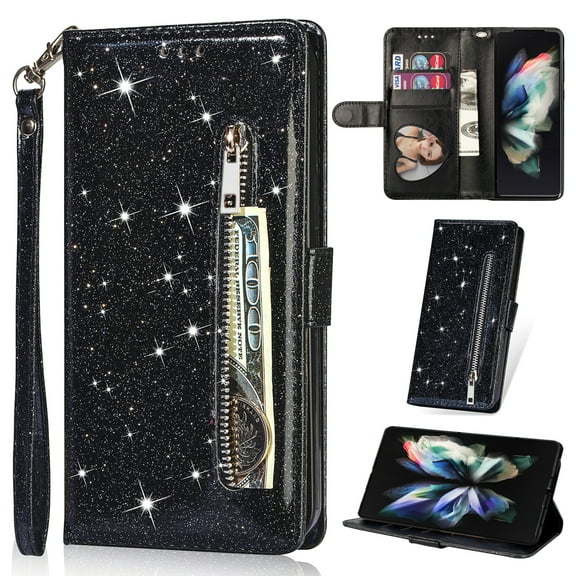 K-Lion for Samsung Galaxy A50 Glitter Wallet Case, Bling Sparkly PU Leather Zipper Flip Shockproof Protective Case Card Slots Kickstand Full Phone Cover with Strap for Women Girls,Black