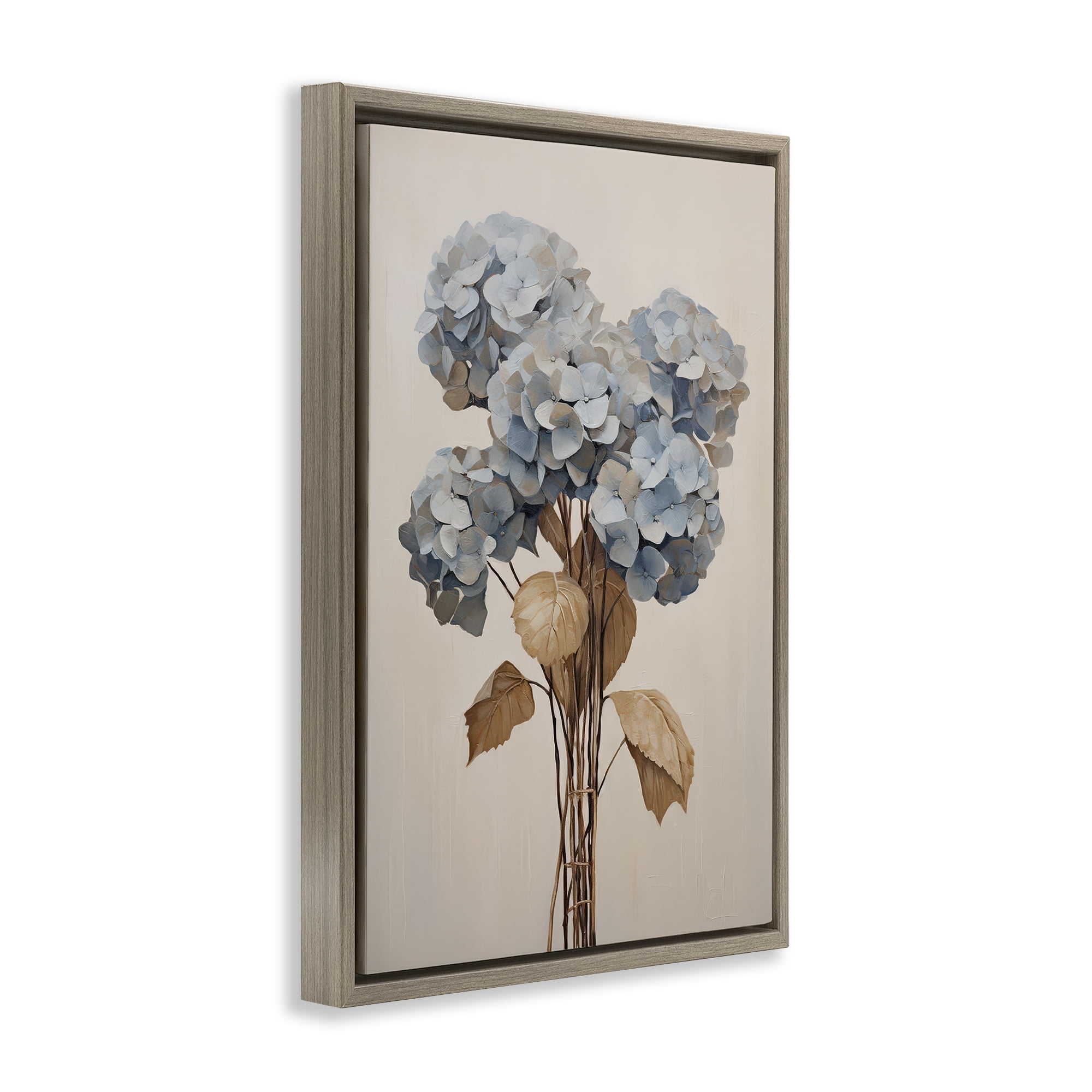 Stupell Industries Vintage Blue Hydrangea Plants & Flowers Painting Brown Floater Framed Canvas Art Print Wall Art, 21 x 31
