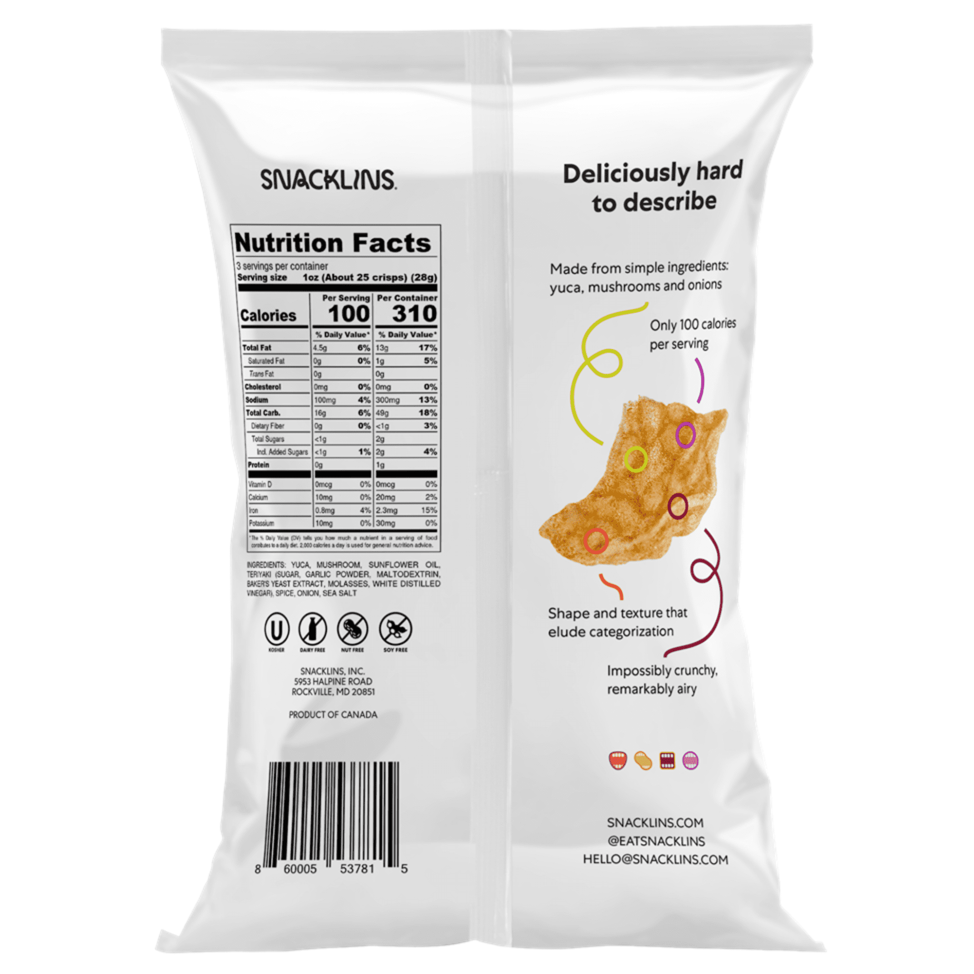 SNACKLINS Plant Based Crisps - Vegan Healthy Snacks - Gluten Free, Grain Free, Plant Based Crisps, 100% Kosher, Low Calorie - No Added Sugar, Crunchy, Puffed Snack - Teriyaki - 3oz (6 Bag)