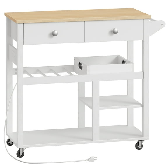HOOBRO Wheeled Kitchen Island, Farmhouse Serving Cart with Drawers and Wine Rack, Mobile Kitchen Cart with Charging Station and Movable Tray, for Kitchen, Dining Room, White and Natural WN99UZD01