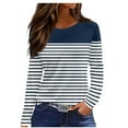 thumbnail image 2 of ClodeEU Womens Round Neck Striped T Shirt, Long Sleeve Loose Fit Blouses Top ,Fall Fashion Pullover Navy,Womens Plus XXL, 2 of 5