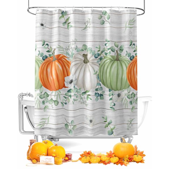 Fall Thanksgiving Pumpkins Eucalyptus Leaves Wood Grain Shower Curtain Set ,Waterproof Fabric Shower Curtains Shower Curtains for Bathroom,Bathroom Decor 72"x72"