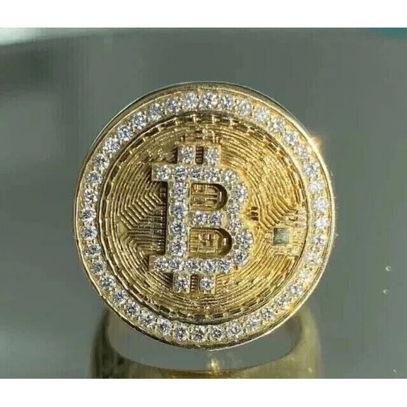 3Ct Round Real Moissanite Letter Bitcoin Men's Ring 14K Yellow Gold Finish