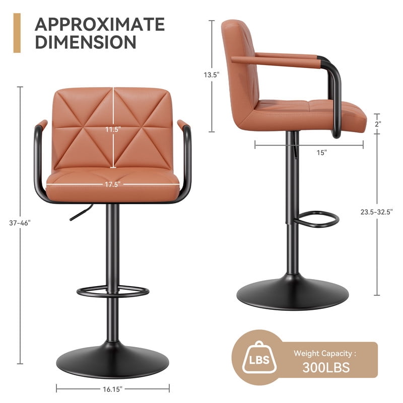 Hawsaiy Modern Bar Stools Set of 2, PU Leather Adjustable Swivel Bar Chairs with Armrests and Back, Hydraulic Counter Height Stools with Footrest for Kitchen Island, Dining Room, Bar, Umber