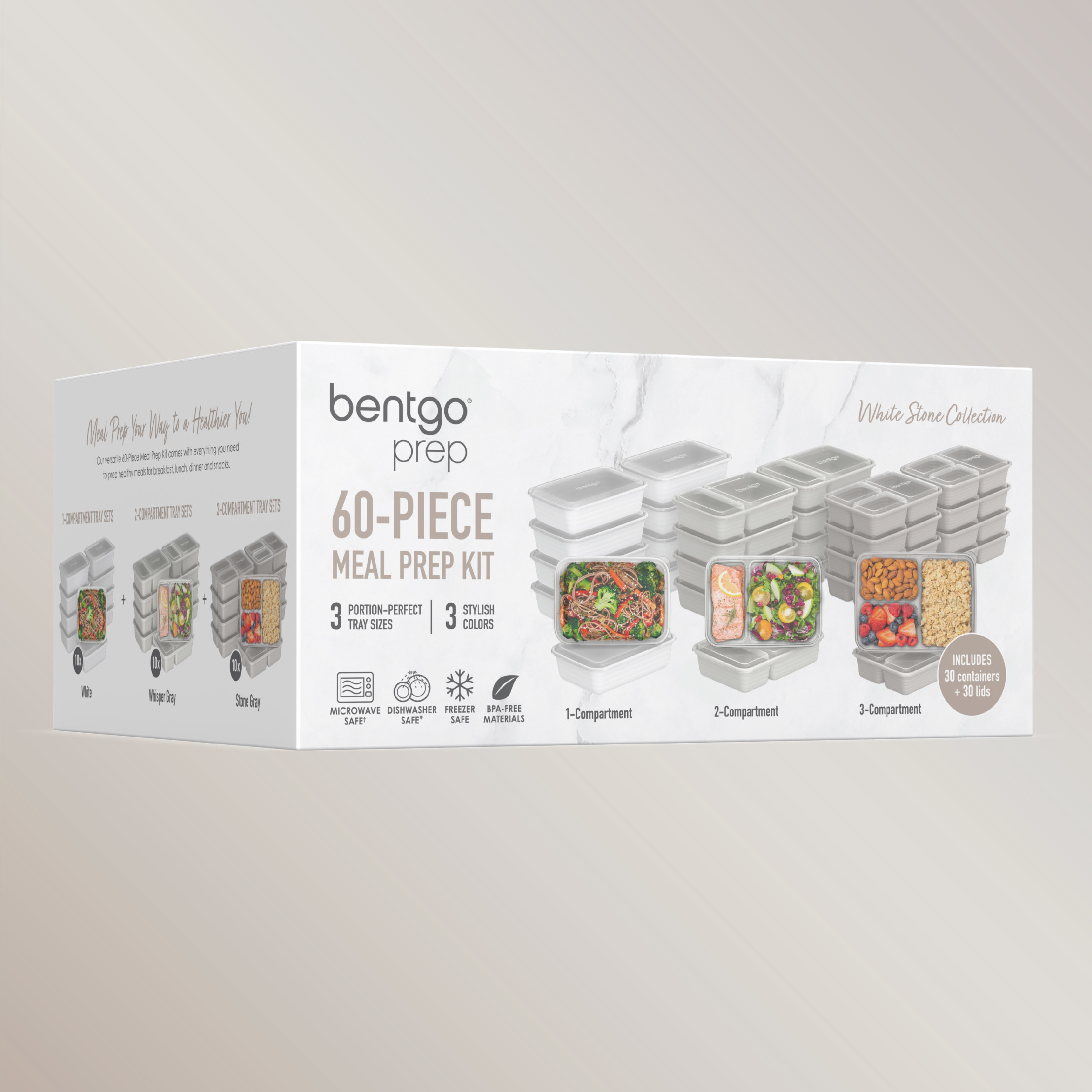 Bentgo Prep 60-Piece Meal Prep Kit - Reusable & BPA-Free Food Containers, 1-Compartment, 2-Compartment, & 3-Compartments - Microwave, Freezer, & Dishwasher Safe (White Stone)