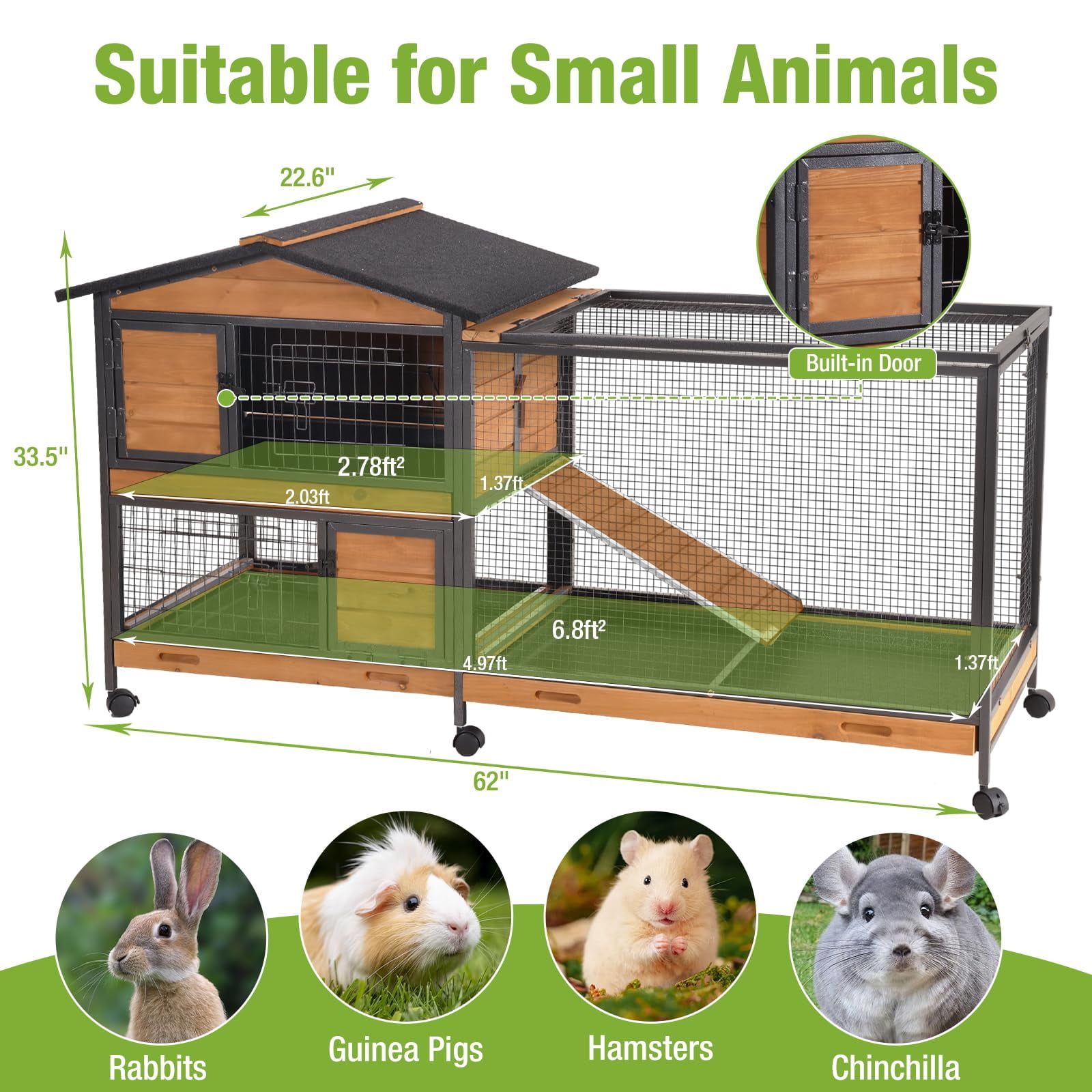Aivituvin 62" Rabbit Hutch with Wheels for Outdoor & Indoor, 2-Story Bunny Cage with Pull Out Tray, Chew-Proof Ramp, Waterproof Roof, Orange