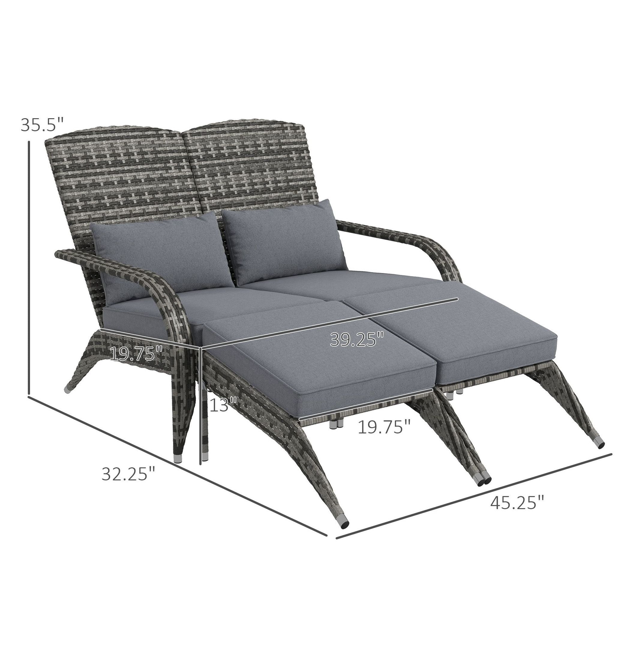 Wicker Adirondack Chair for 2, PE Rattan Double Chaise, Fire Pit Chair with Cushions & Footrests, Mixed Gray - Outdoor Patio Furniture