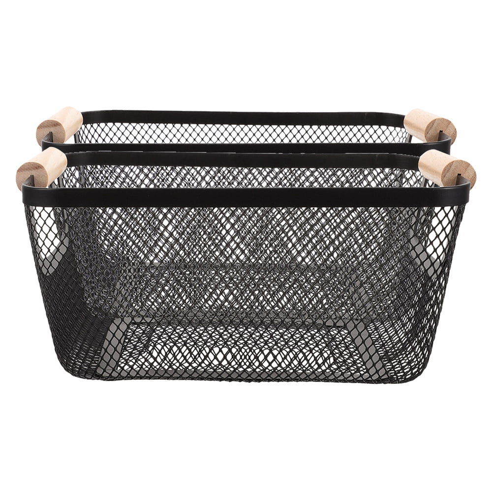 Soimiss 2Pcs Metal Mesh Storage Basket with Wood Handles Black Multifunctional Wire Organizer