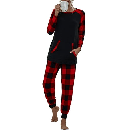 

Uerlsty Womens Sleepwear Pyjama Set Check Plaid Tops+Pants Trousers Ladies PJs Nightwear