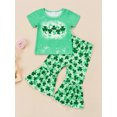 thumbnail image 3 of 2023 Kid Baby Girl St. Patrick\'s Day Outfit Clover Print Short Sleeve Shirt Bell-Bottom Long Pants Green Suit (Green, 5-6 Years), 3 of 9